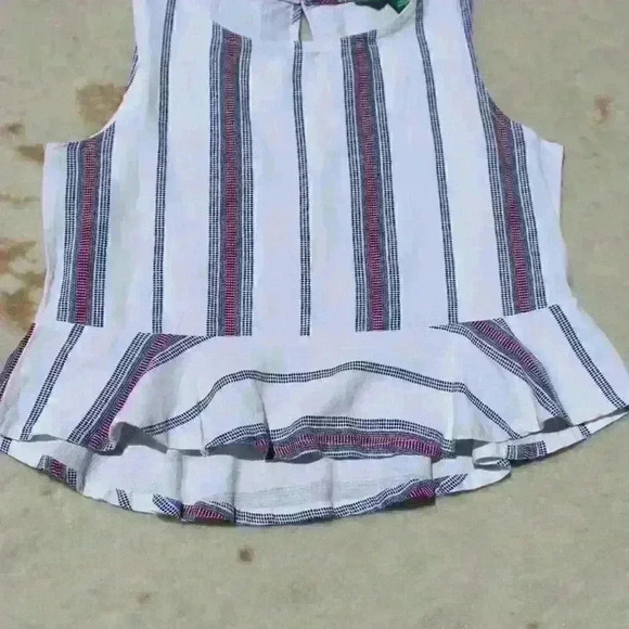 LINEN Striped Cropped Sleeveless Tank Top Ruffle Hem Peplum Women Small - Picture 3 of 11